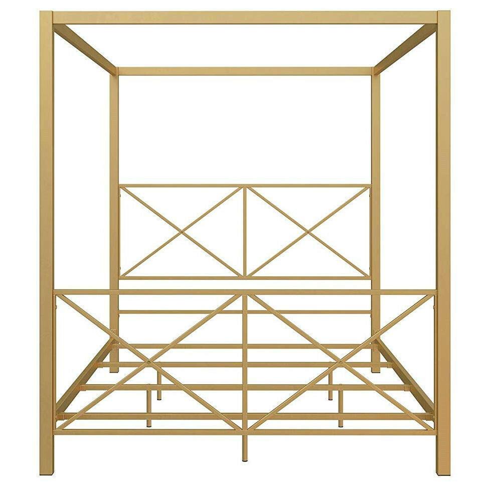 Queen size Modern Gold Metal Canopy Bed Frame with Headboard and Footboard - FurniFindUSA