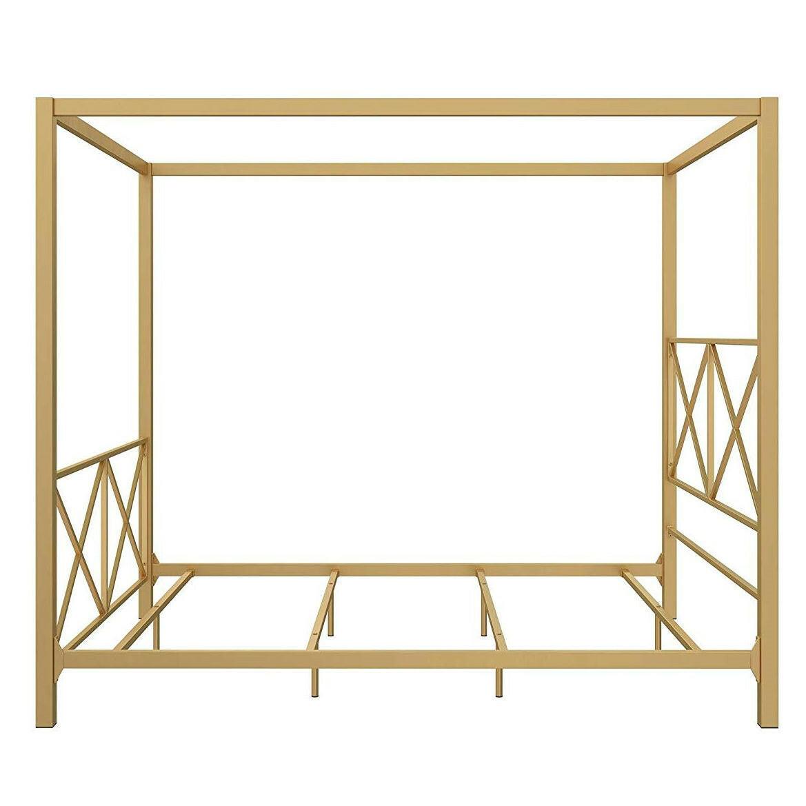 Queen size Modern Gold Metal Canopy Bed Frame with Headboard and Footboard - FurniFindUSA