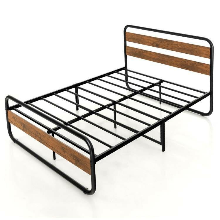 Queen Industrial Wood and Metal Tube Platform Bed with Headboard and Footboard - FurniFindUSA