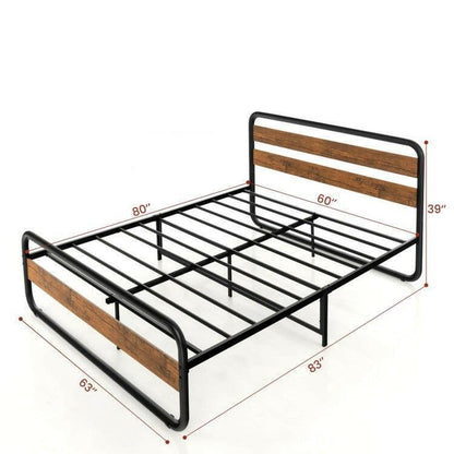 Queen Industrial Wood and Metal Tube Platform Bed with Headboard and Footboard - FurniFindUSA