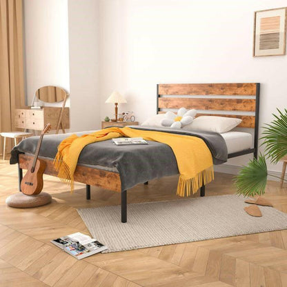 Queen Industrial Platform Bed Frame with Brown Wood Slatted Headboard Footboard - FurniFindUSA