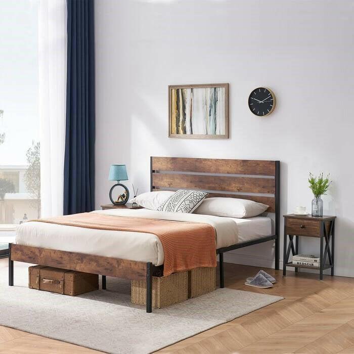 Queen Industrial Platform Bed Frame with Brown Wood Slatted Headboard Footboard - FurniFindUSA