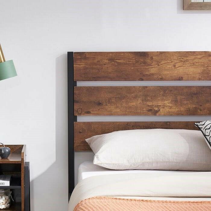 Queen Industrial Platform Bed Frame with Brown Wood Slatted Headboard Footboard - FurniFindUSA