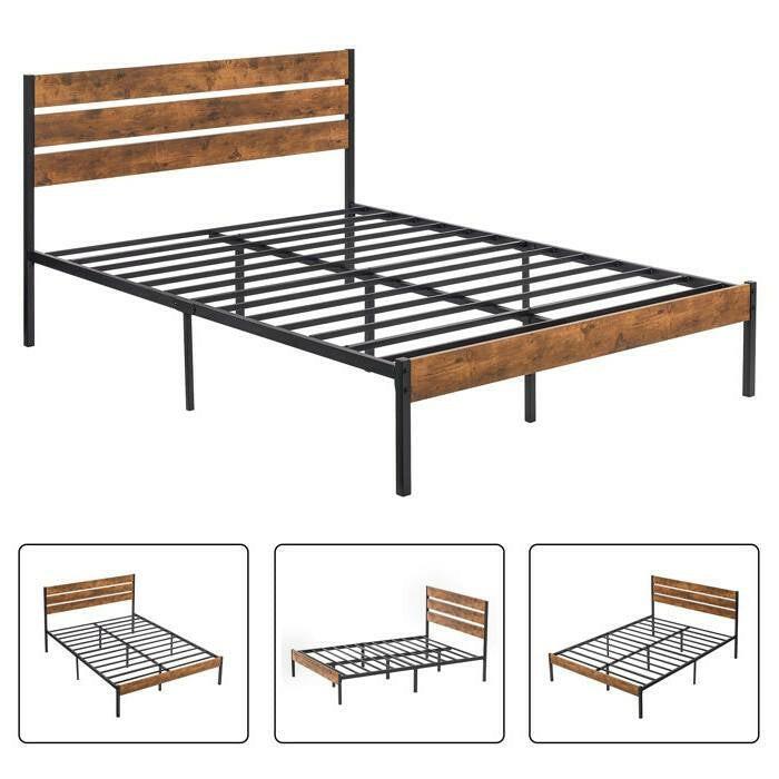 Queen Industrial Platform Bed Frame with Brown Wood Slatted Headboard Footboard - FurniFindUSA