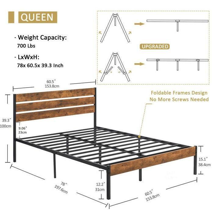 Queen Industrial Platform Bed Frame with Brown Wood Slatted Headboard Footboard - FurniFindUSA
