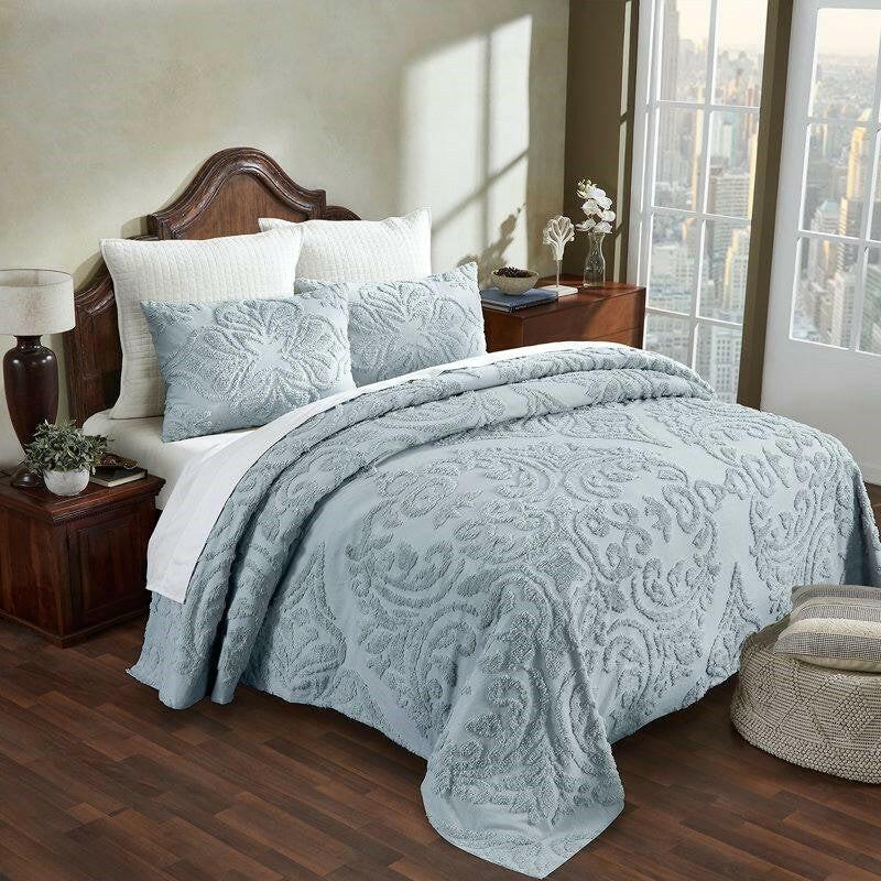 Queen size 100-Percent Cotton Chenille 3-Piece Coverlet Bedspread Set in Blue - FurniFindUSA