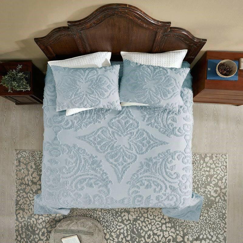 Queen size 100-Percent Cotton Chenille 3-Piece Coverlet Bedspread Set in Blue - FurniFindUSA