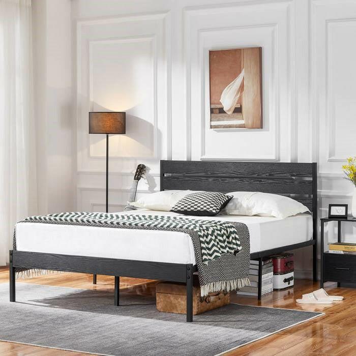 Queen size Industrial Platform Bed Frame with Wood Slatted Headboard in Black - FurniFindUSA