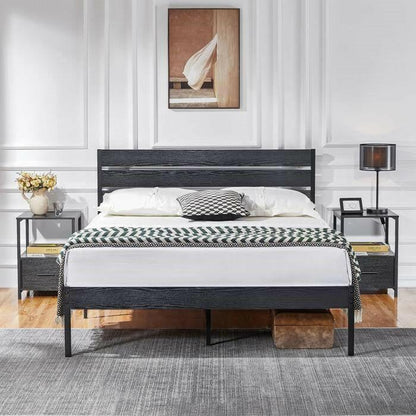 Queen size Industrial Platform Bed Frame with Wood Slatted Headboard in Black - FurniFindUSA
