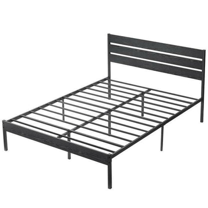 Queen size Industrial Platform Bed Frame with Wood Slatted Headboard in Black - FurniFindUSA