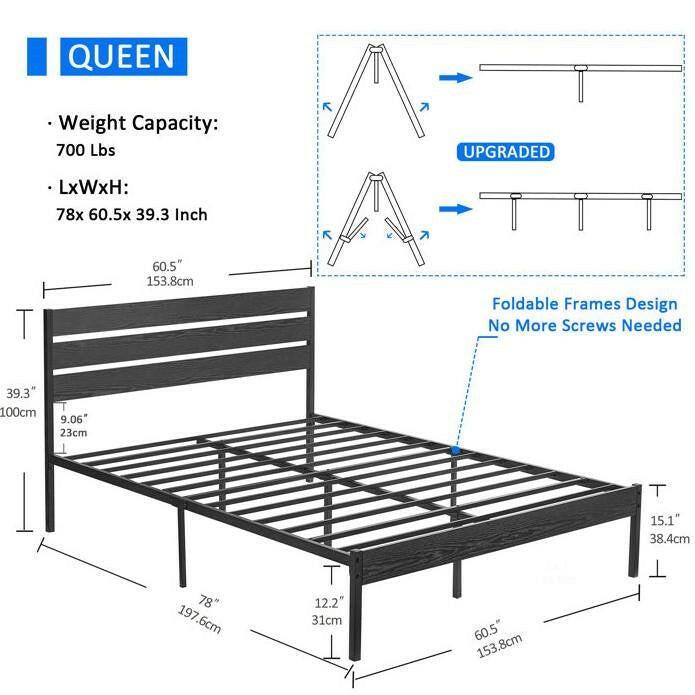 Queen size Industrial Platform Bed Frame with Wood Slatted Headboard in Black - FurniFindUSA