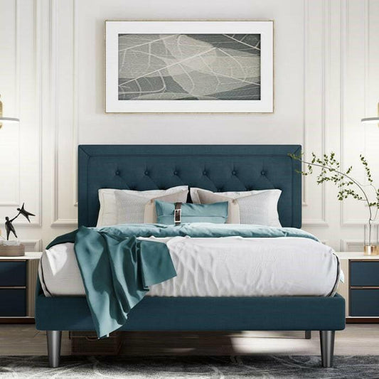 Queen Adjustable Height Platform Bed Frame with Blue Upholstered Headboard - FurniFindUSA