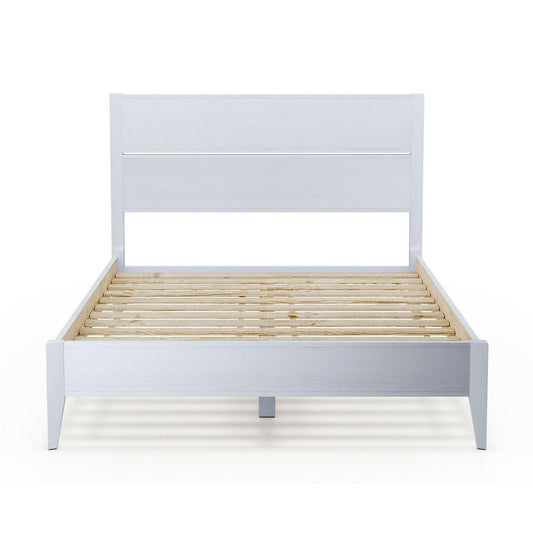 Queen Size Rustic White Mid Century Slatted Platform Bed - FurniFindUSA