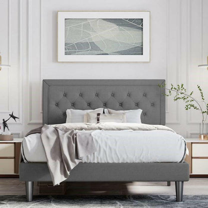 Queen Dark Grey Linen Upholstered Platform Bed with Button-Tufted Headboard - FurniFindUSA