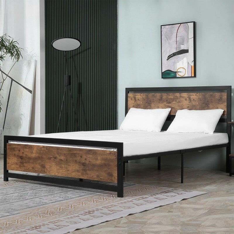 Queen Size FarmHouse Metal Wood Platform Bed Headboard Footboard - FurniFindUSA
