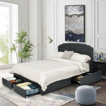 Queen Size Grey Linen Adjustable Headboard 4 Drawer Storage Platform Bed - FurniFindUSA