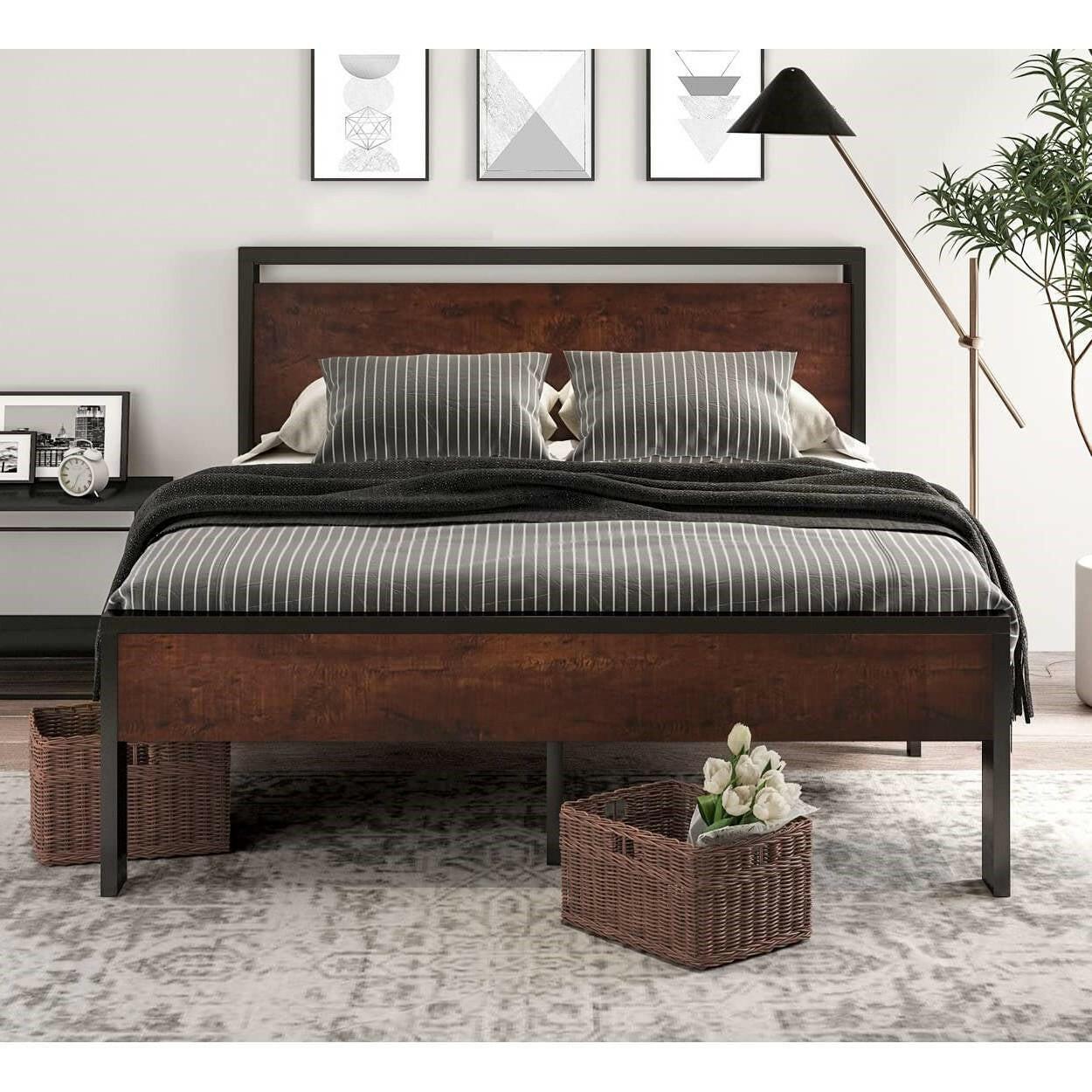 Queen Metal Platform Bed Frame with Mahogany Wood Panel Headboard Footboard - FurniFindUSA