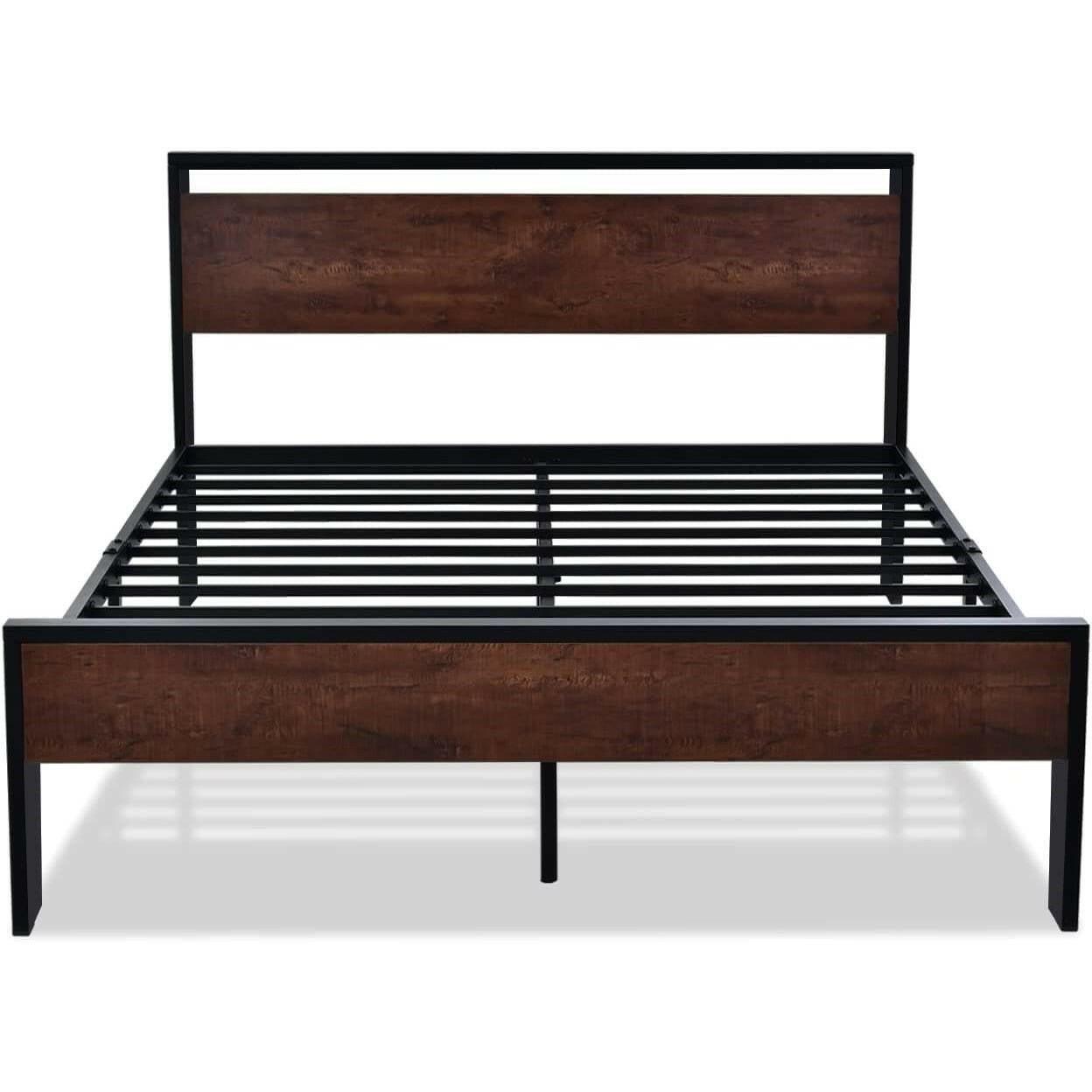 Queen Metal Platform Bed Frame with Mahogany Wood Panel Headboard Footboard - FurniFindUSA