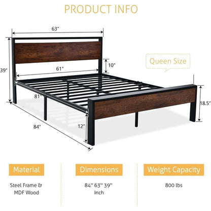 Queen Metal Platform Bed Frame with Mahogany Wood Panel Headboard Footboard - FurniFindUSA