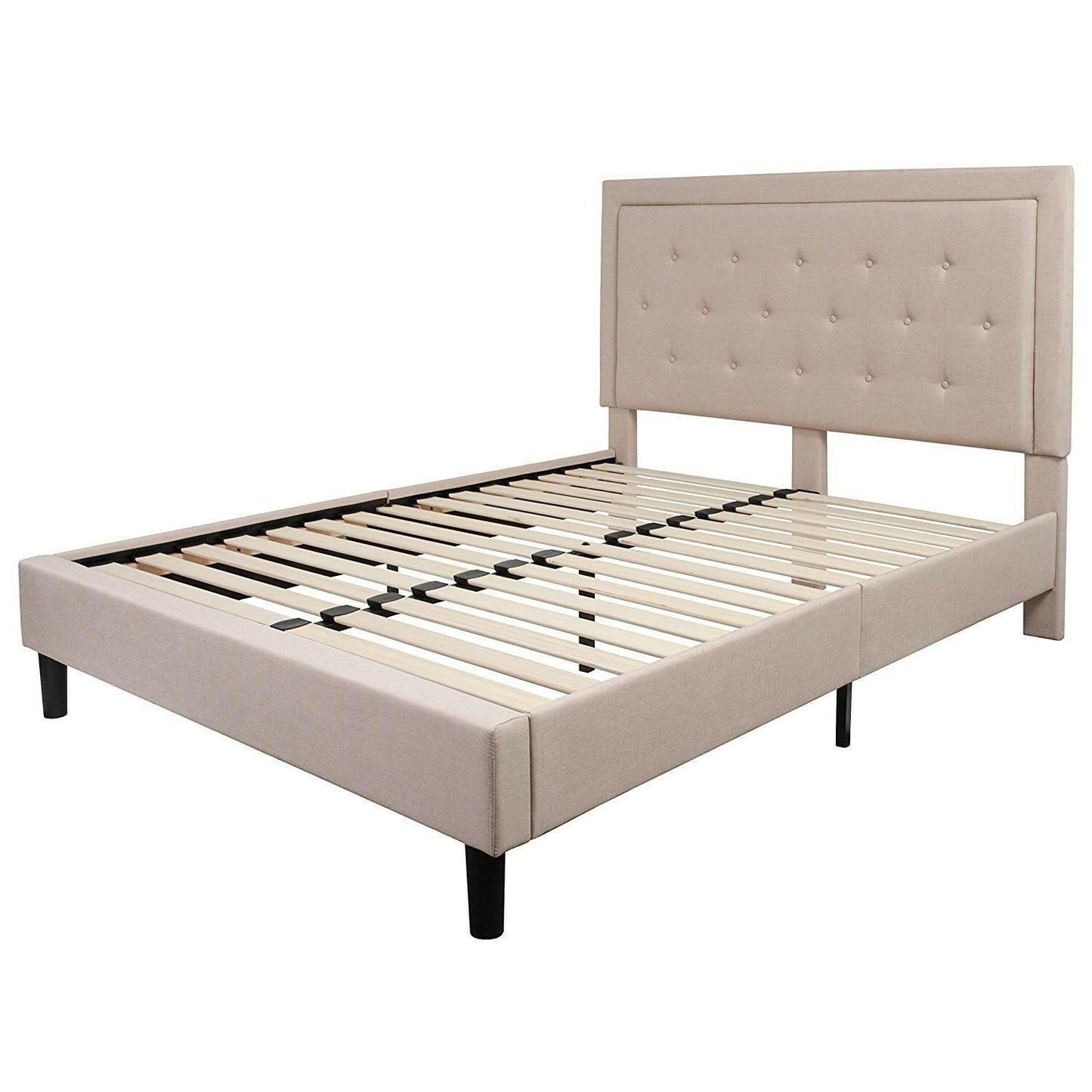 Queen Beige Upholstered Platform Bed Frame with Button Tufted Headboard - FurniFindUSA