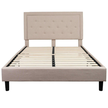 Queen Beige Upholstered Platform Bed Frame with Button Tufted Headboard - FurniFindUSA