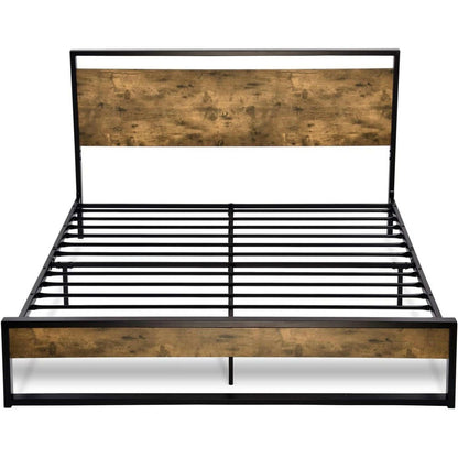 Queen size Metal Wood Platform Bed Frame with Industrial Headboard - FurniFindUSA