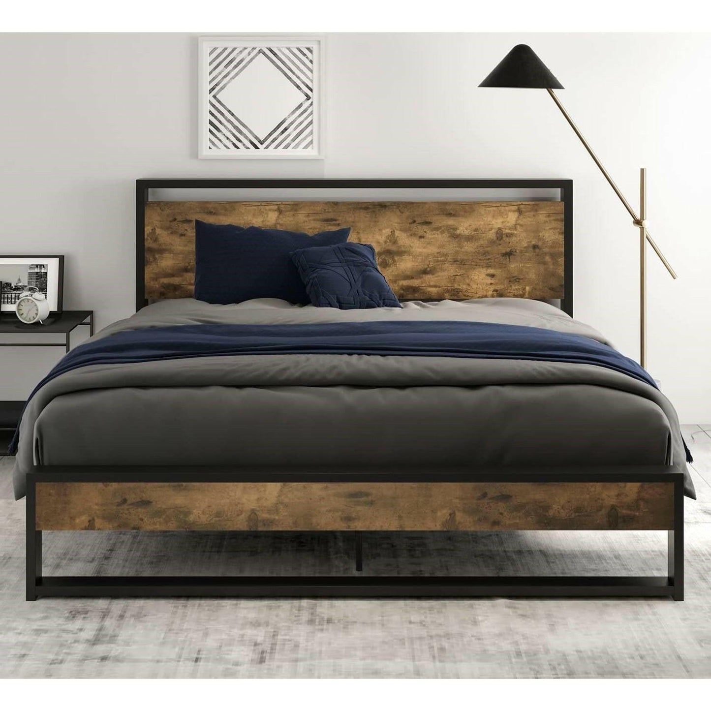 Queen size Metal Wood Platform Bed Frame with Industrial Headboard - FurniFindUSA