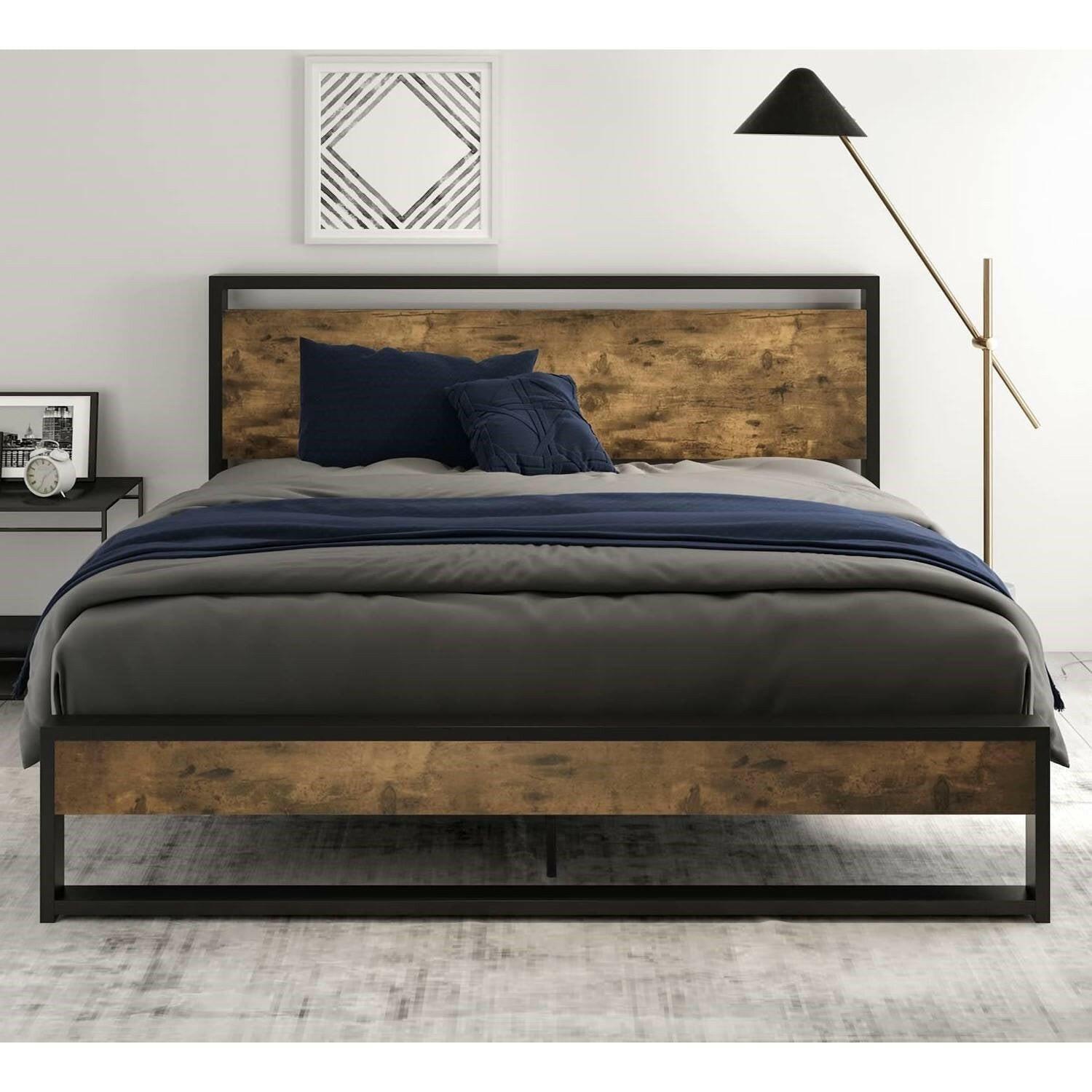 Queen size Metal Wood Platform Bed Frame with Industrial Headboard - FurniFindUSA