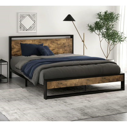 Queen size Metal Wood Platform Bed Frame with Industrial Headboard - FurniFindUSA