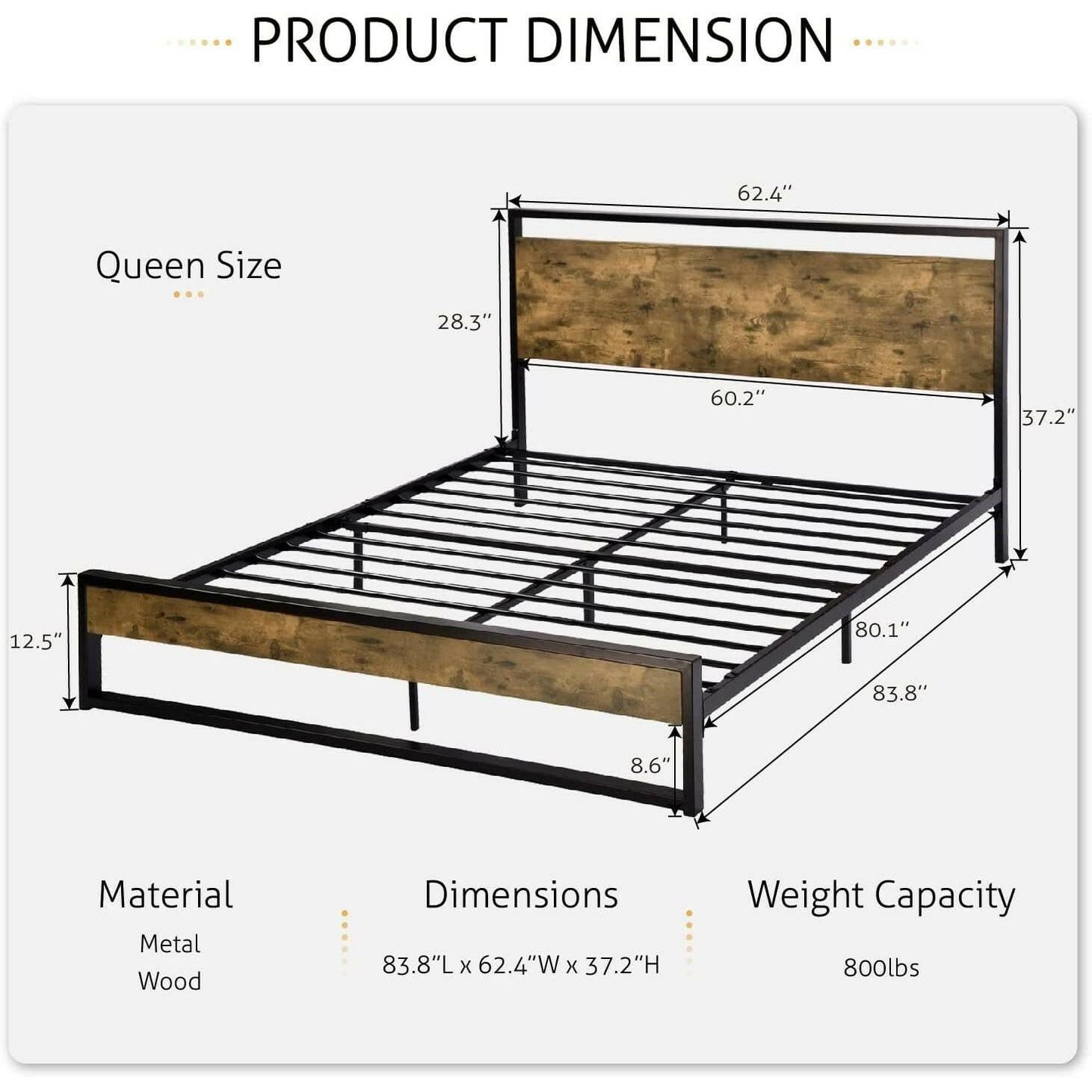 Queen size Metal Wood Platform Bed Frame with Industrial Headboard - FurniFindUSA