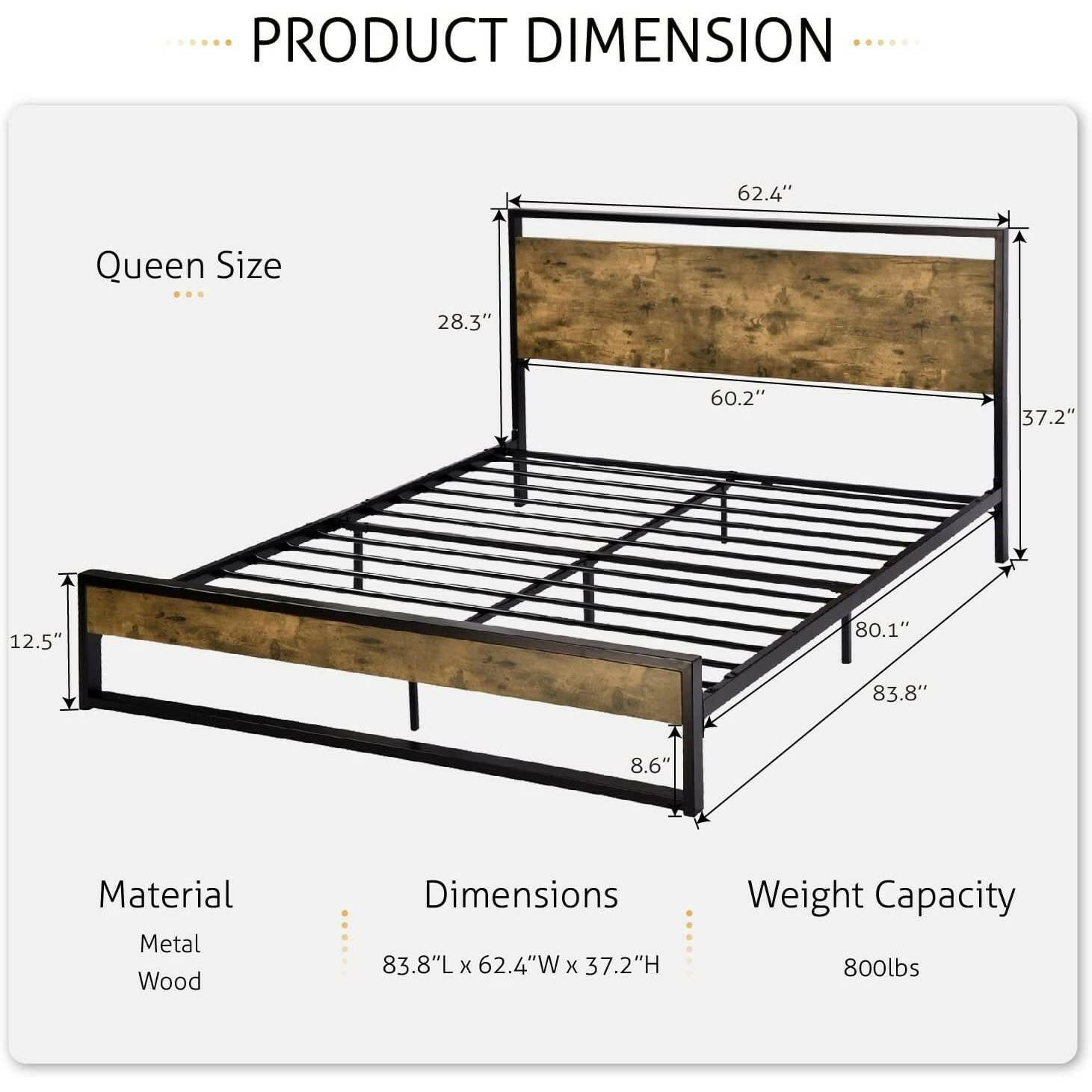 Queen size Metal Wood Platform Bed Frame with Industrial Headboard - FurniFindUSA