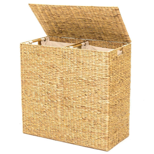 Natural 2-Bin Handwoven Hyacinth Linen Liner Laundry Hamper w/ Handles - FurniFindUSA