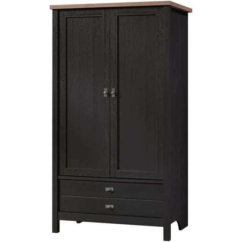 FarmHouse Black Oak Drawer and Garment Rod Wardrobe Armoire - FurniFindUSA