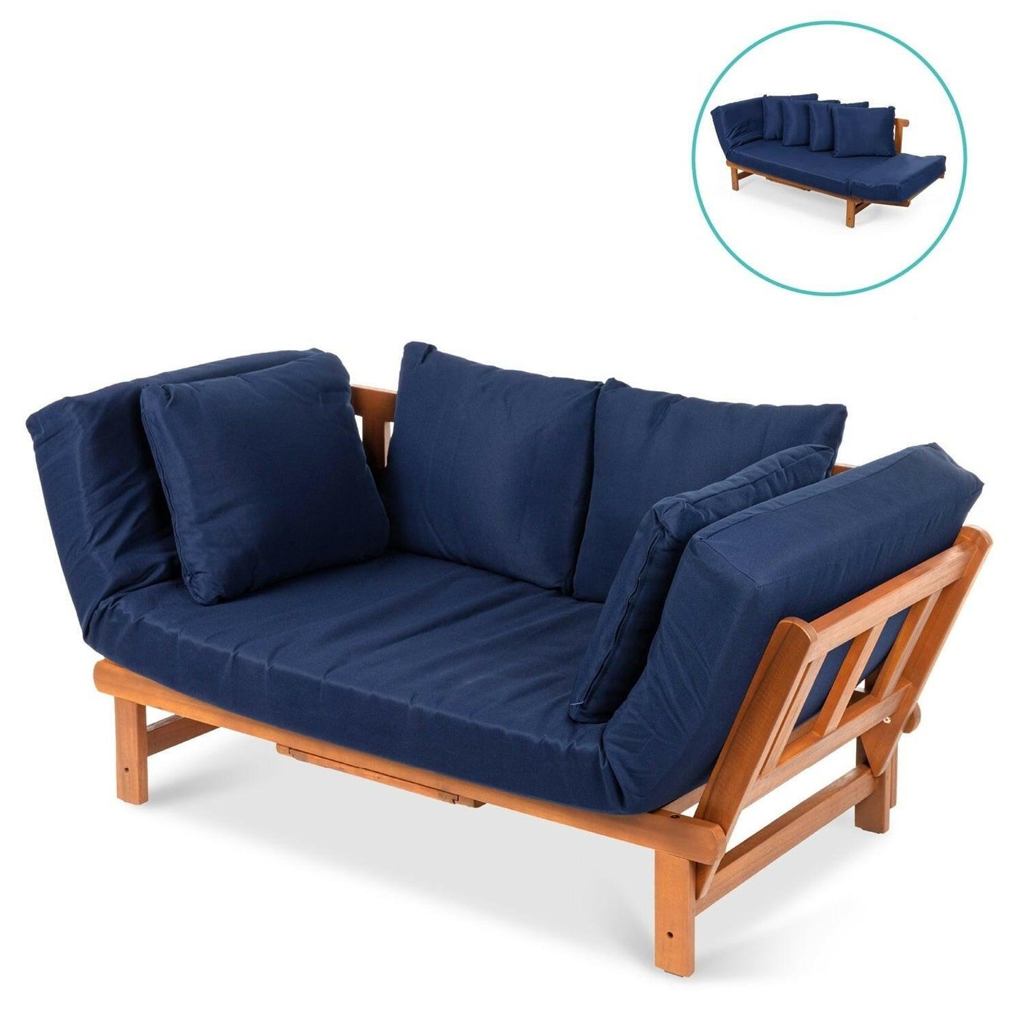 Navy Blue Outdoor Acacia Wood Convertible Sofa Futon with 4 Removable Pillows - FurniFindUSA