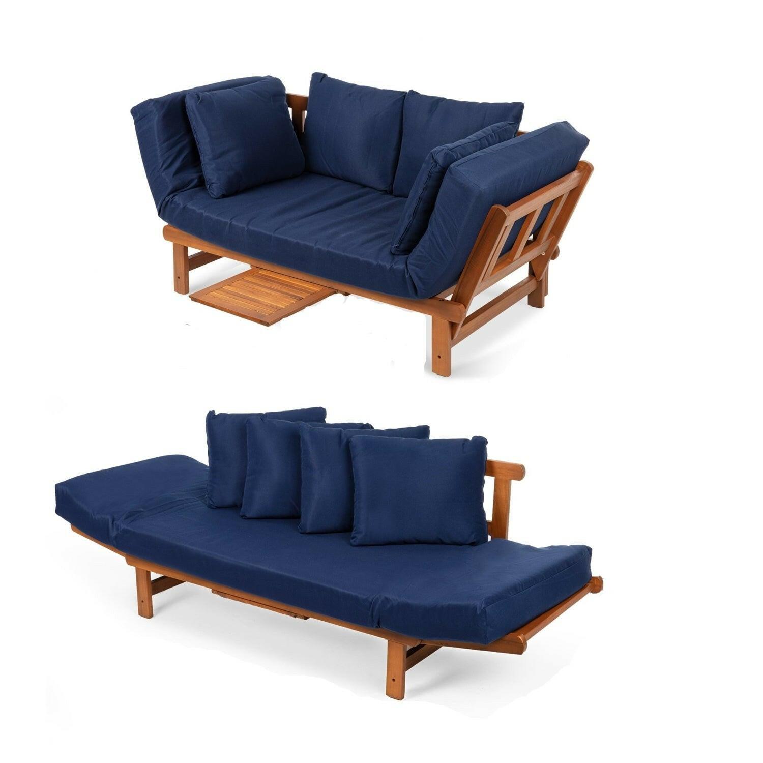 Navy Blue Outdoor Acacia Wood Convertible Sofa Futon with 4 Removable Pillows - FurniFindUSA