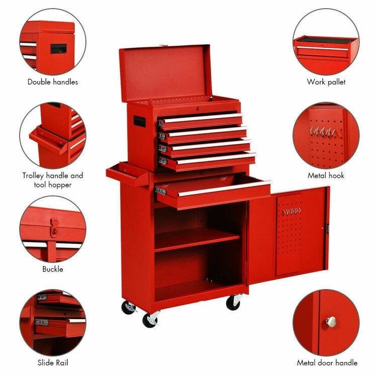 Red Heavy Duty Steel Lockable Rolling Tool Chest Mobile Garage Storage Cart - FurniFindUSA