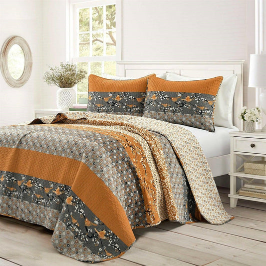 Full/Queen Size Orange Grey Floral Birds Reversible 3 Piece Quilt Set - FurniFindUSA