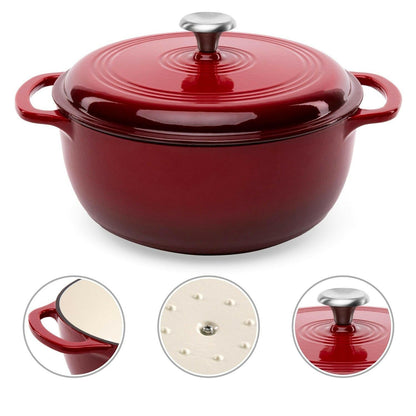 6 Quart Large Red Enamel Cast-Iron Dutch Oven Kitchen Cookware - FurniFindUSA