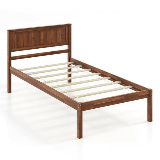 Twin Size Retro Wood Platform Bed Frame with Headboard in Walnut - FurniFindUSA