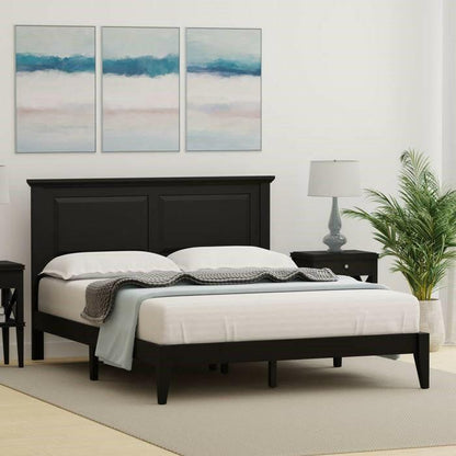 Queen Traditional Solid Oak Wooden Platform Bed Frame with Headboard in Black - FurniFindUSA