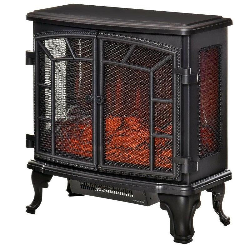 Black Remote Controlled Electric Fireplace Heater Realistic LED Flames and Logs - FurniFindUSA