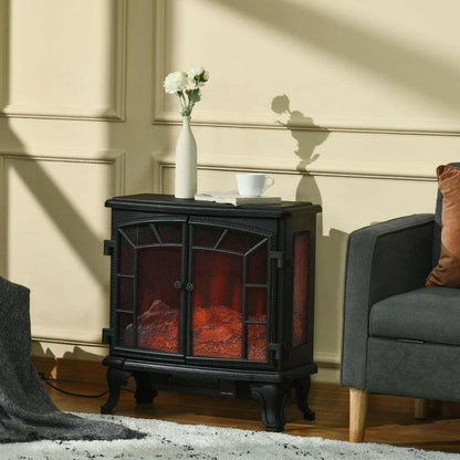 Black Remote Controlled Electric Fireplace Heater Realistic LED Flames and Logs - FurniFindUSA