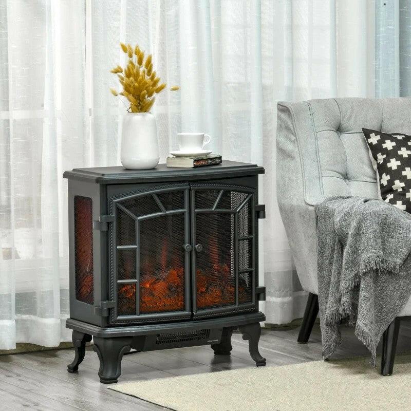 Black Remote Controlled Electric Fireplace Heater Realistic LED Flames and Logs - FurniFindUSA