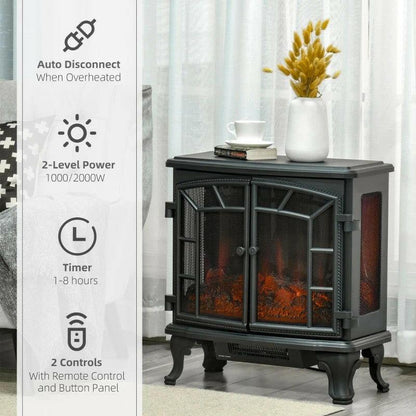 Black Remote Controlled Electric Fireplace Heater Realistic LED Flames and Logs - FurniFindUSA