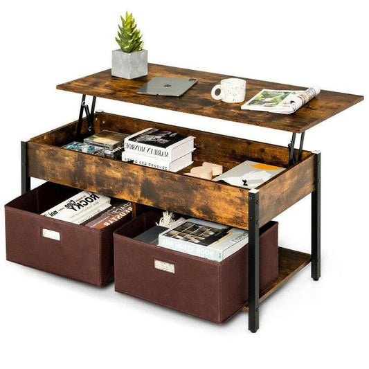 Rustic FarmHouse Lift-Top Multi Purpose Coffee Table with 2 Storage Drawers Bins - FurniFindUSA