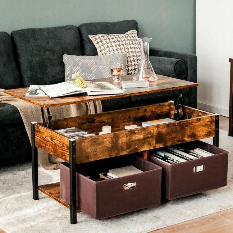 Rustic FarmHouse Lift-Top Multi Purpose Coffee Table with 2 Storage Drawers Bins - FurniFindUSA