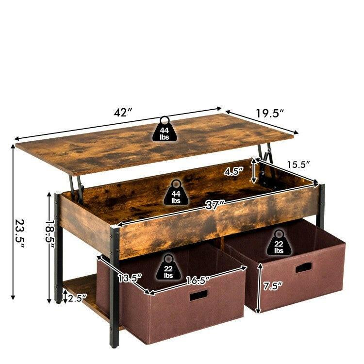 Rustic FarmHouse Lift-Top Multi Purpose Coffee Table with 2 Storage Drawers Bins - FurniFindUSA