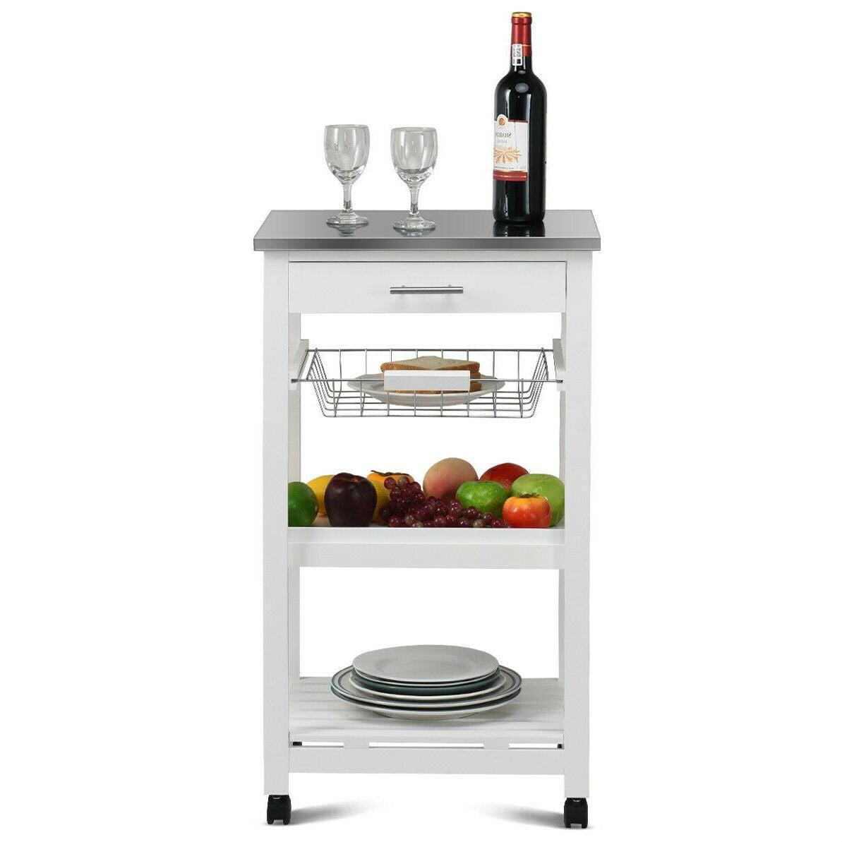 White Kitchen Cart with Storage Drawer and Stainless Steel Top - FurniFindUSA