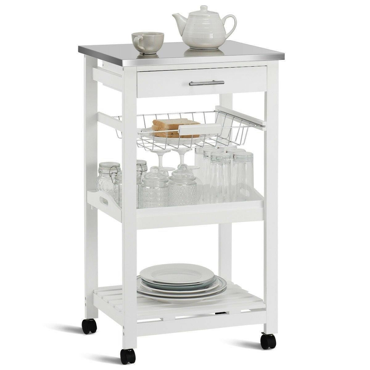 White Kitchen Cart with Storage Drawer and Stainless Steel Top - FurniFindUSA