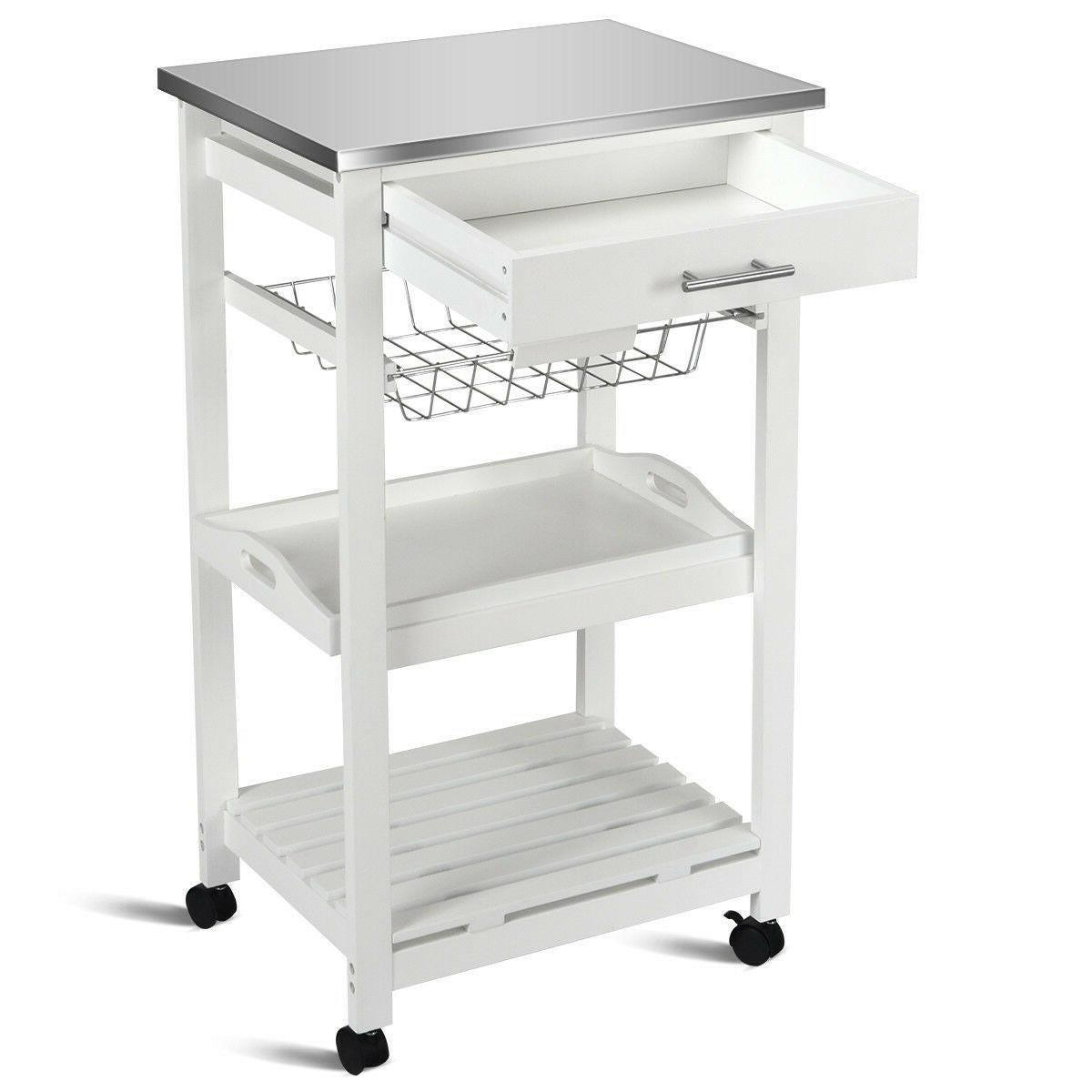 White Kitchen Cart with Storage Drawer and Stainless Steel Top - FurniFindUSA